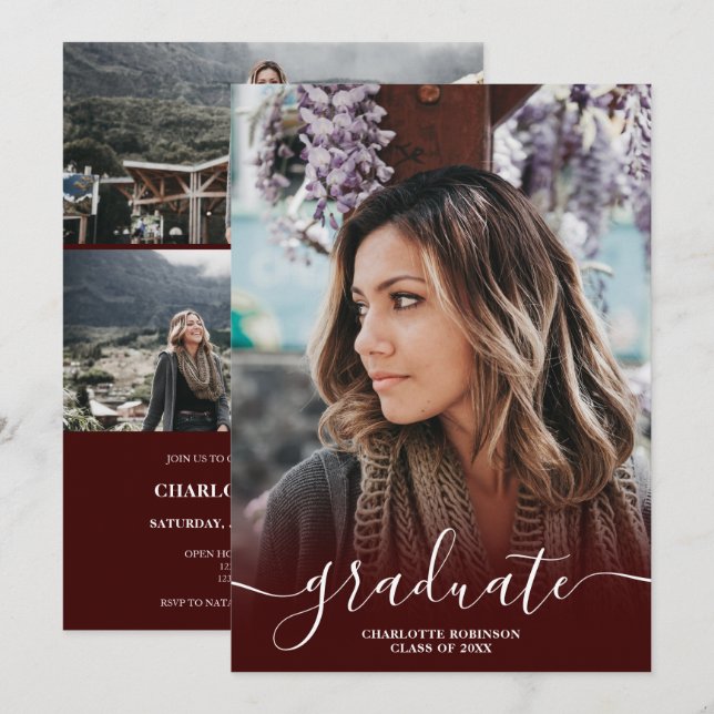 Burgundy red graduate script photo graduation invitation (Front/Back)