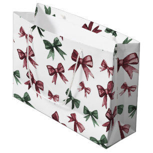Burgundy Red Green Christmas Bows Large Gift Bag