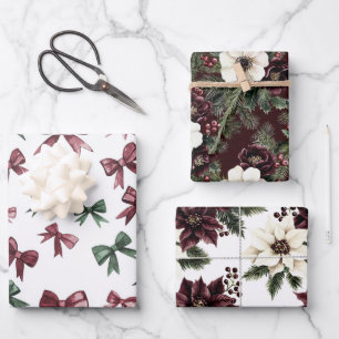 Burgundy Red Green Christmas Bows Wrapping Paper Sheet