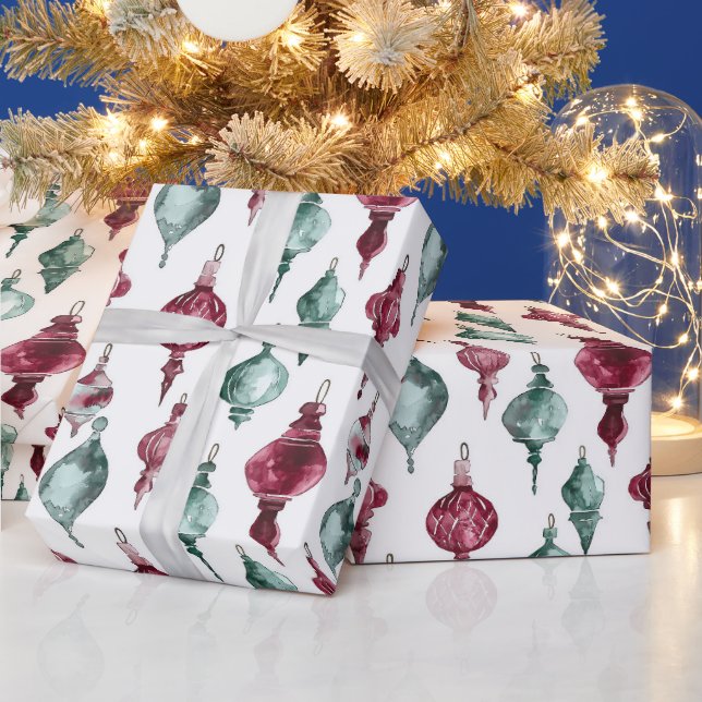 Burgundy Red Green Christmas Ornaments Wrapping Paper (Holidays)