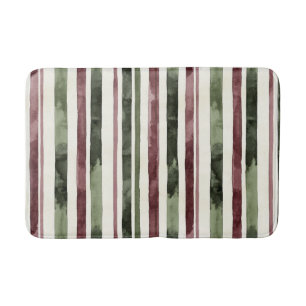 Burgundy Red Green Cream Stripes Christmas Bath Mat