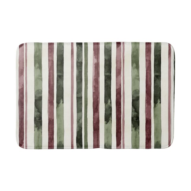 Burgundy Red Green Cream Stripes Christmas Bath Mat (Front)