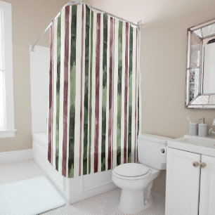 Burgundy Red Green Cream Stripes Christmas Shower Curtain