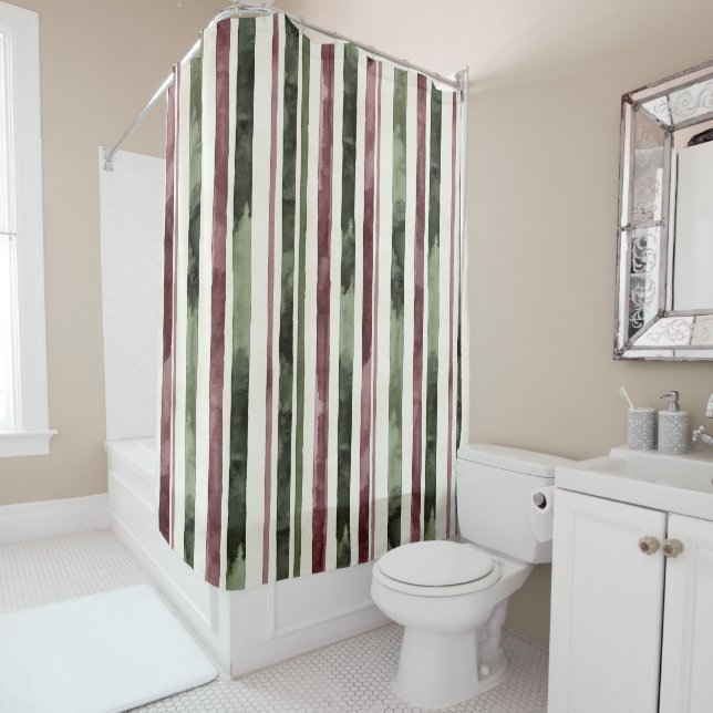 Burgundy Red Green Cream Stripes Christmas Shower Curtain (In Situ)