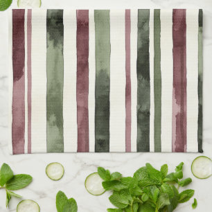 Burgundy Red Green Cream Stripes Christmas Tea Towel