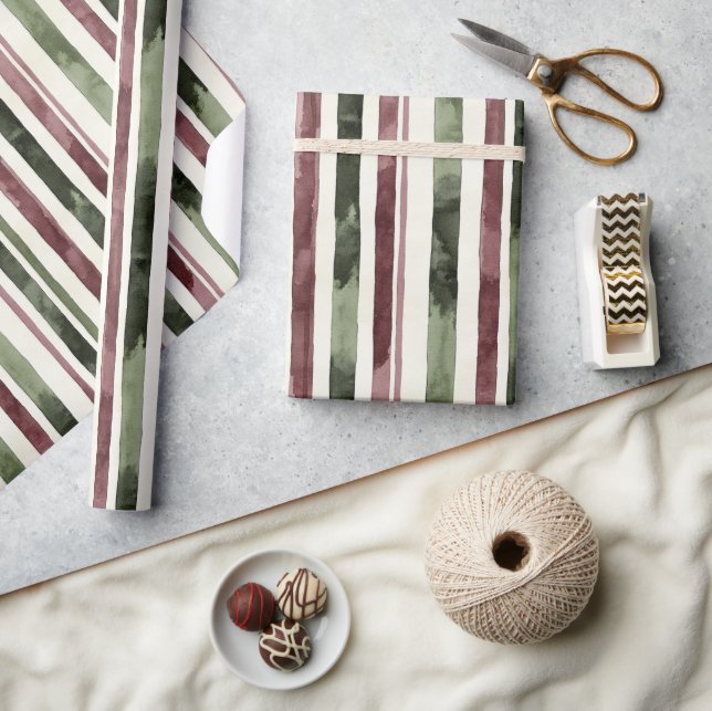 Burgundy Red Green Cream Stripes Christmas Wrapping Paper (Crafts)