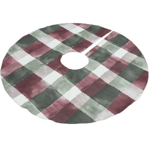 Burgundy Red Green Cream White Plaid Stripes Brushed Polyester Tree Skirt