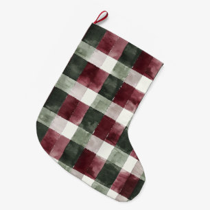Burgundy Red Green Cream White Plaid Stripes Large Christmas Stocking