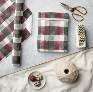 Burgundy Red Green Cream White Plaid Stripes Wrapping Paper