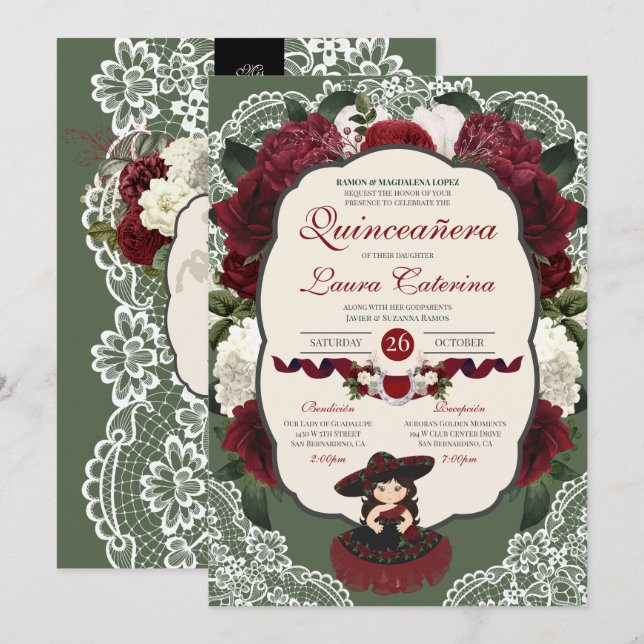 Burgundy Red Green Floral Rose Charro Quinceanera Invitation (Front/Back)