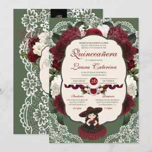 Burgundy Red Green Floral Rose Charro Quinceanera Invitation