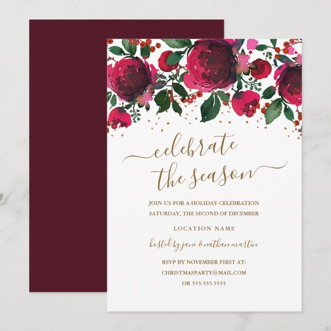 Burgundy Red Green Gold Floral Christmas Party Invitation (Front/Back)