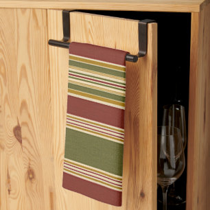 Burgundy Red Green Ochre Yellow Stripes Pattern Tea Towel