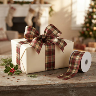 Burgundy Red & Green Traditional Christmas Plaid Satin Ribbon
