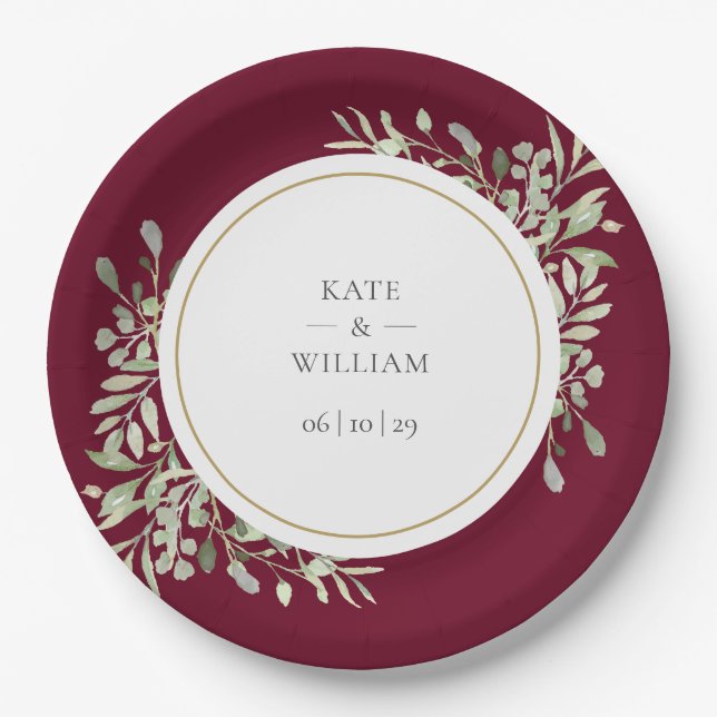 Burgundy Red Greenery Floral Wedding Paper Plate (Front)