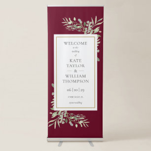 Burgundy Red Greenery Floral Wedding Welcome Retractable Banner