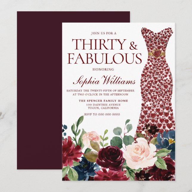 Burgundy Red Heart Dress Floral 30th Birthday Invitation (Front/Back)