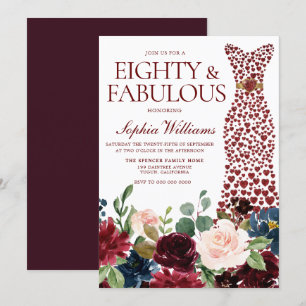 Burgundy Red Heart Dress Floral 80th Birthday Invitation