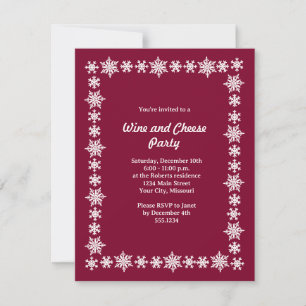 Burgundy Red Holiday Wine Cheese Snowflake Party Invitation