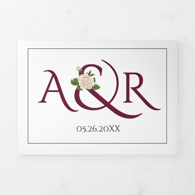 Burgundy red initials and ampersand, rose wedding Tri-Fold invitation (Cover)