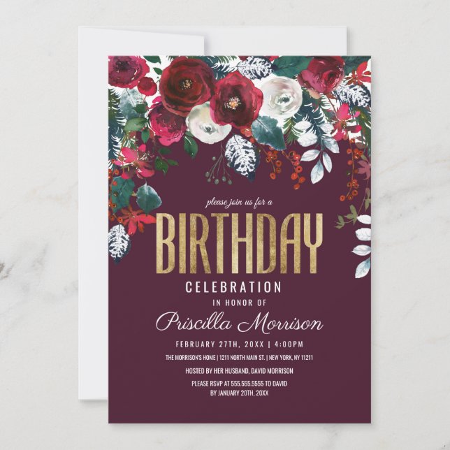 Burgundy Red Ivory Floral Arrangement Birthday Invitation (Front)