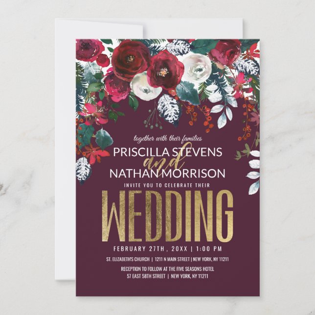 Burgundy Red Ivory Floral Arrangement Gold Wedding Invitation (Front)