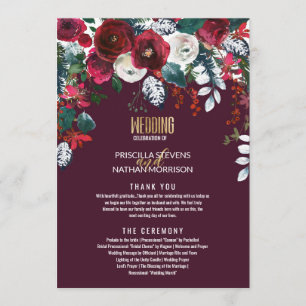 Burgundy Red Ivory Floral Arrangement Gold Wedding Programme