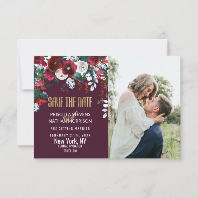 Burgundy Red Ivory Floral Arrangement Gold Wedding Save The Date (Front)