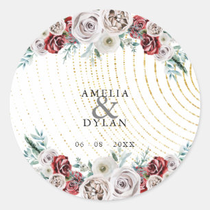 Burgundy Red Ivory Floral Gold Coral Wedding Classic Round Sticker