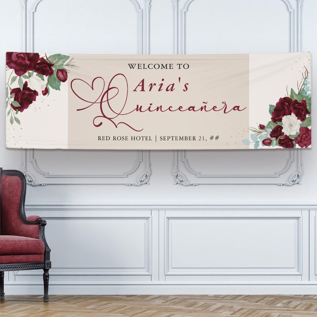 Burgundy Red Ivory Floral Rose Quinceanera Welcome Banner (Quinceanera welcome banner with sweet calligraphy and burgundy red rose blooms)