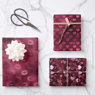 Burgundy Red Kisses Lips Hearts Bridal Shower Love Wrapping Paper Sheet