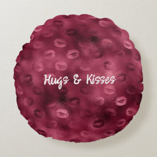 Burgundy Red Kisses Lips Round Cushion