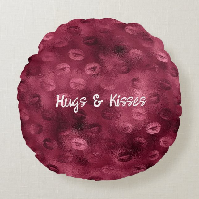 Burgundy Red Kisses Lips Round Cushion (Front)