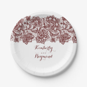 Burgundy Red Lace Elegant Wedding Paper Plate