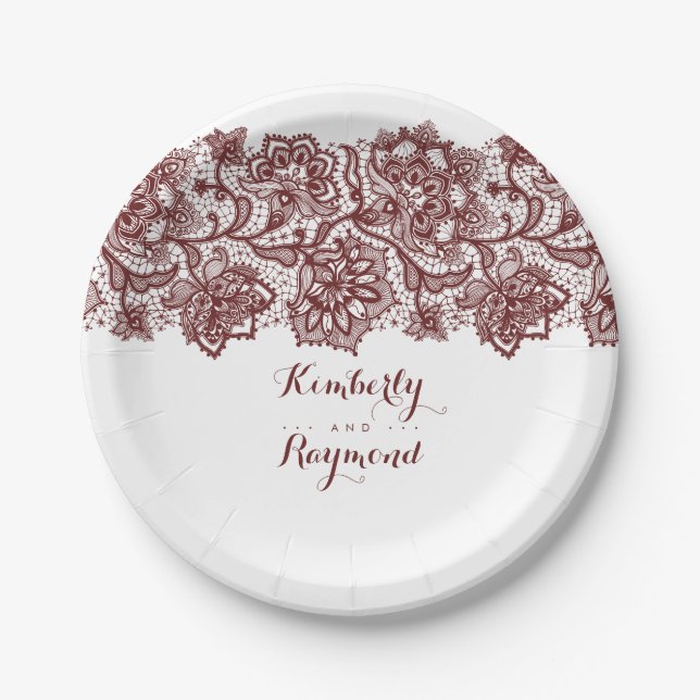 Burgundy Red Lace Elegant Wedding Paper Plate (Front)