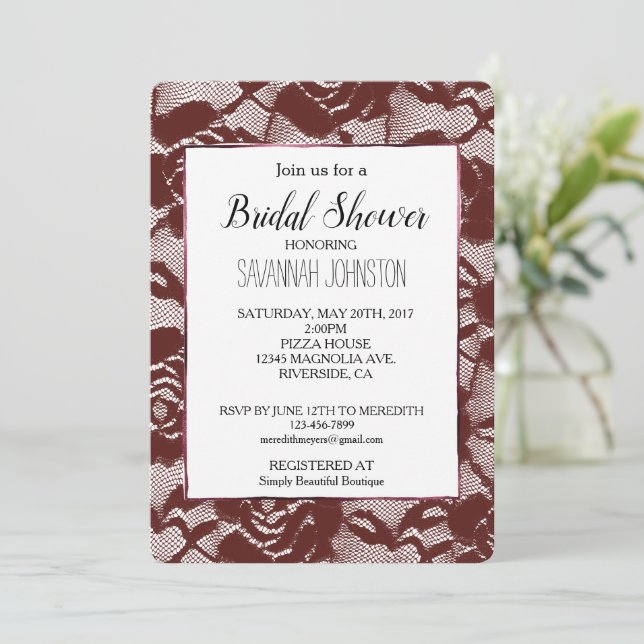 Burgundy Red Lace Floral Bridal Shower Invitation (Standing Front)
