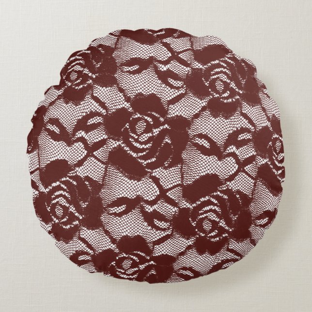 Burgundy Red Lace Floral Round Cushion (Front)