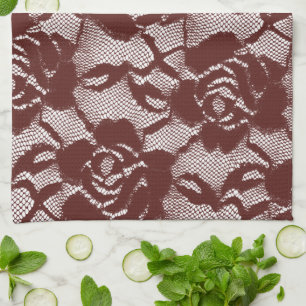 Burgundy Red Lace Floral Tea Towel