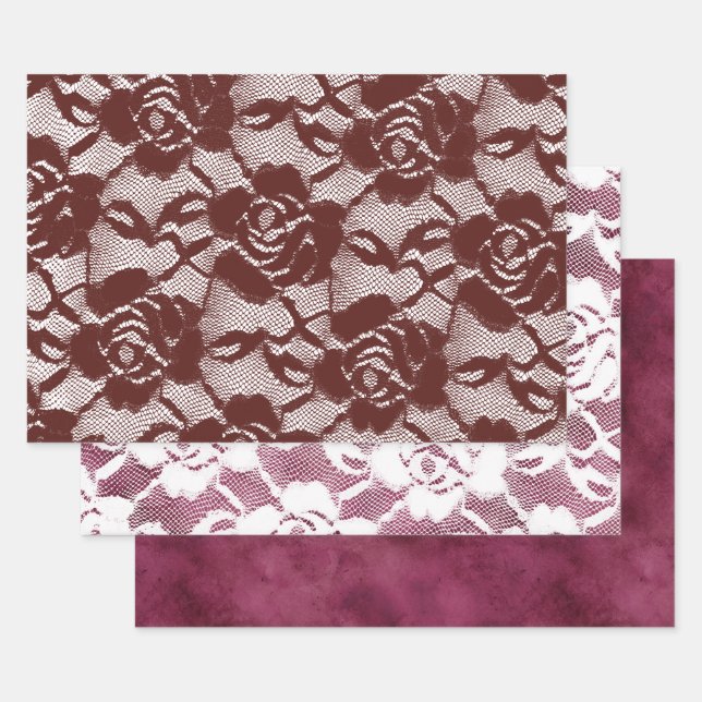 Burgundy Red Lace Floral Wrapping Paper Sheet (Set)
