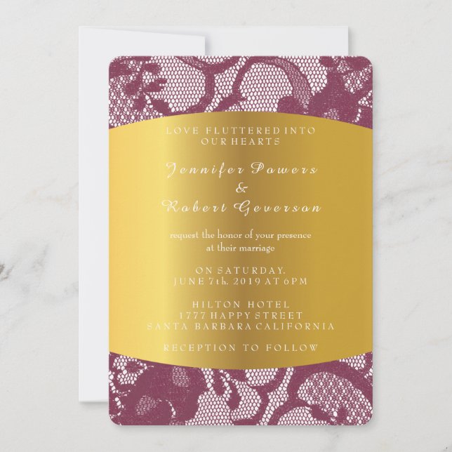 Burgundy Red Lace Gold Wedding Royal Invitation (Front)