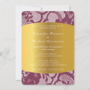 Burgundy Red Lace Gold Wedding Royal Invitation