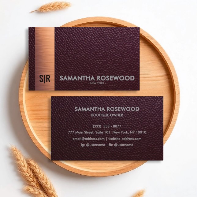 Burgundy Red Leather & Rose Gold Business Card (Creator Uploaded)