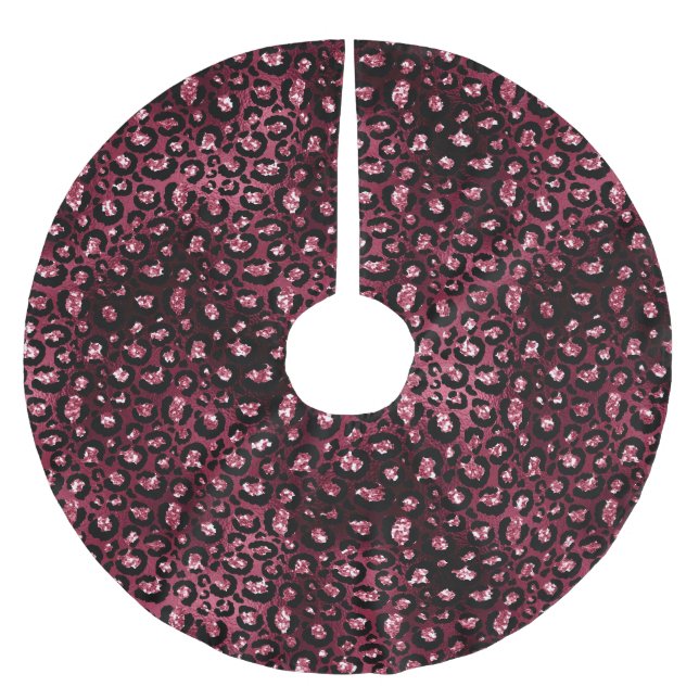 Burgundy Red Leopard Animal Glitter Christmas Brushed Polyester Tree Skirt (Front)