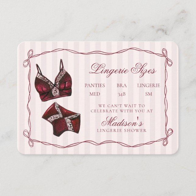 Burgundy Red Lingerie Sizes Shower Bow Enclosure Card (Front)