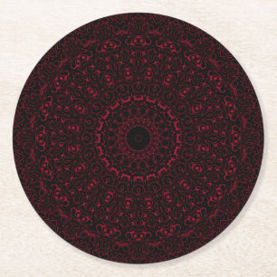 Burgundy Red Mandala with Ornamental Symmetry Round Paper Coaster