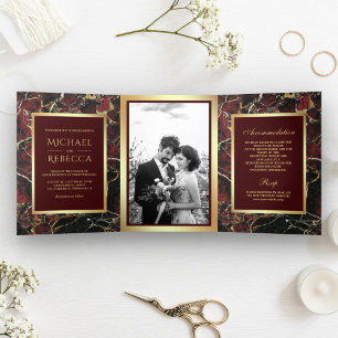 Burgundy Red Marble Faux Gold Foil Photo Wedding Tri-Fold Invitation