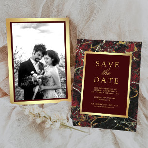 Burgundy Red Marble Gold Photo Wedding Save The Date