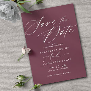 Burgundy Red Maroon   Simple Calligraphy Script Save The Date