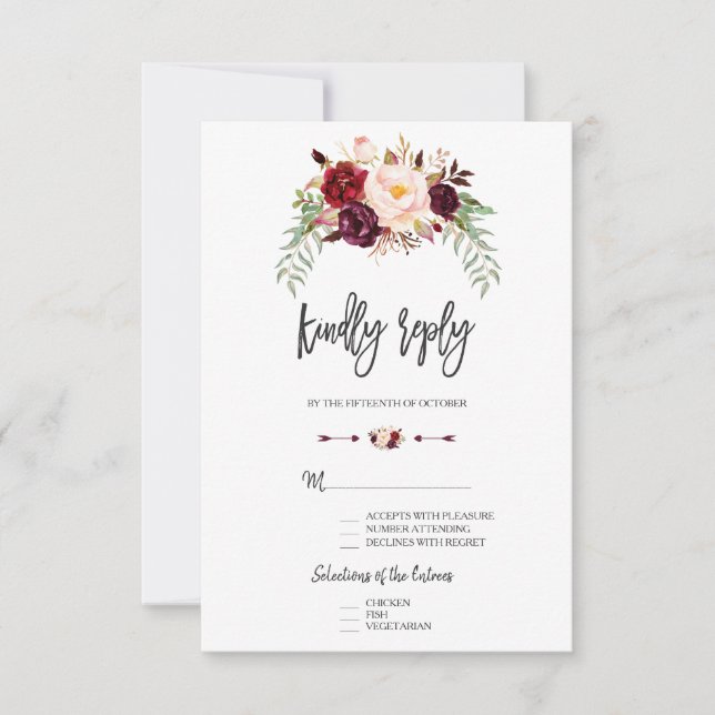 Burgundy Red Marsala Floral Hand Lettering RSVP (Front)