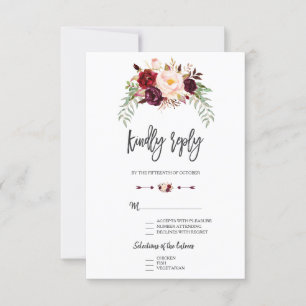 Burgundy Red Marsala Floral Hand Lettering RSVP Card